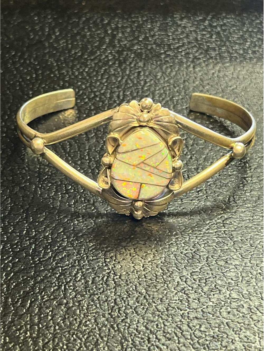 Navajo handmade inlay opal bracelet sterling silver